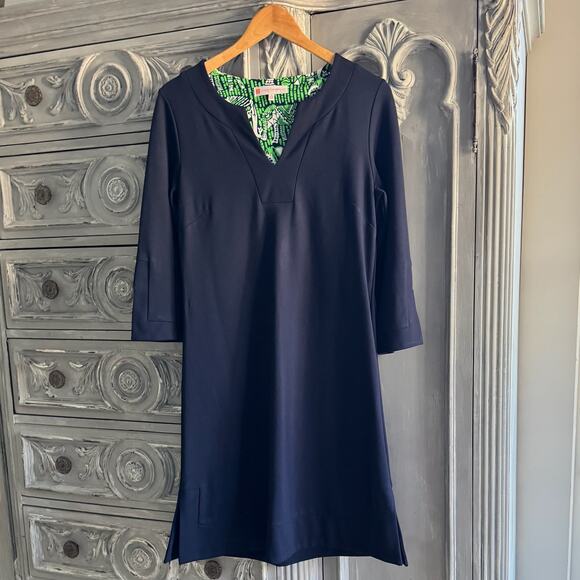 Jude Connally Dress Sz M Navy Blue Knit Midi Shift 3/4 Sleeve Classic Chic $228 - Picture 5 of 13